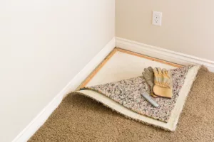 Partially removed carpet with gloves and utility knife on the floor- Junk-A-Haulics