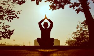 Person sitting cross-legged outdoors performing a yoga pose at sunrise or sunset, framed by tree branches- Junk-A-Haulics