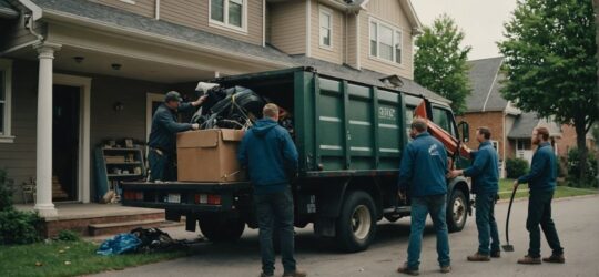 Workers loading junk into a truck outside a house